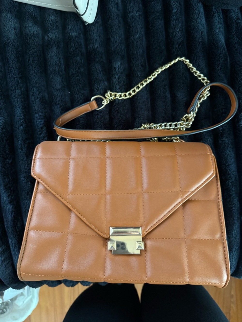 Quilted Tan Leather Crossbody Bag with Gold Chain